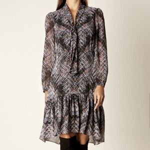 Karen Millen Black Abstract Plaid Patterned Tie Neck Dress. Size 2